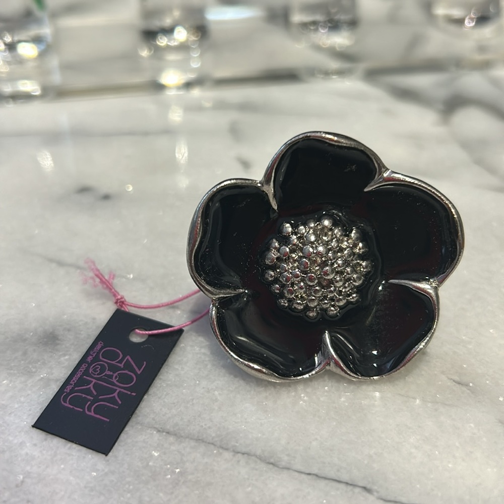 Statement Black Enamel Flower Ring-Sz 8